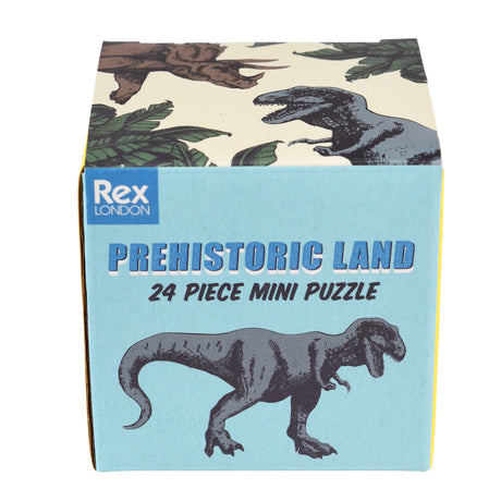 Rex London Prehistoric Land 24 Piece Mini Puzzle box with a grey T-Rex illustration on a blue background.