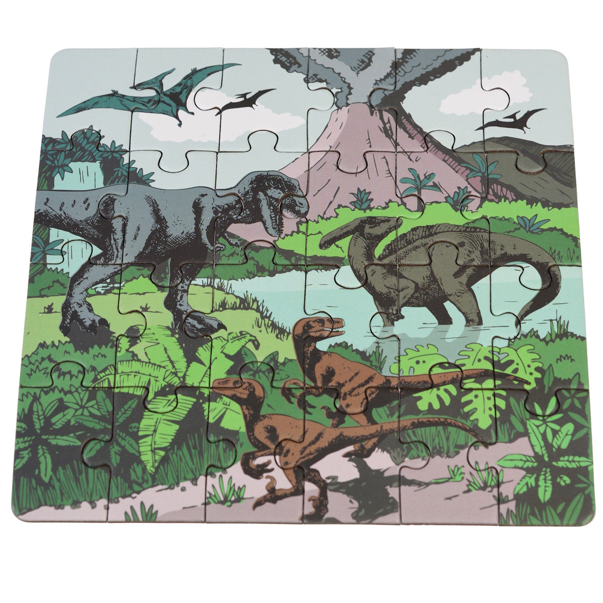 Prehistoric Land dinosaur jigsaw puzzle for kids featuring a T-Rex, volcano, and pterodactyls. Educational 24-piece toy.