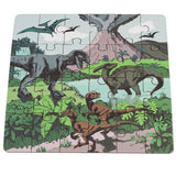 Prehistoric Land dinosaur jigsaw puzzle for kids featuring a T-Rex, volcano, and pterodactyls. Educational 24-piece toy.