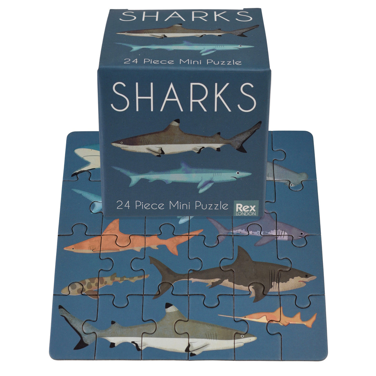 Rex London 24-piece mini jigsaw puzzle and box featuring colorful shark illustrations for kids' educational play.