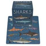 Rex London 24-piece mini jigsaw puzzle and box featuring colorful shark illustrations for kids' educational play.