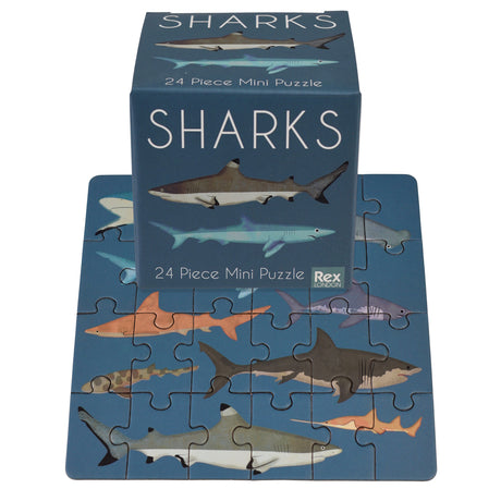 Rex London 24-piece mini jigsaw puzzle and box featuring colorful shark illustrations for kids' educational play.