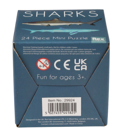 Rex London shark mini puzzle packaging back view with barcode, safety warnings, and 3+ age recommendation.