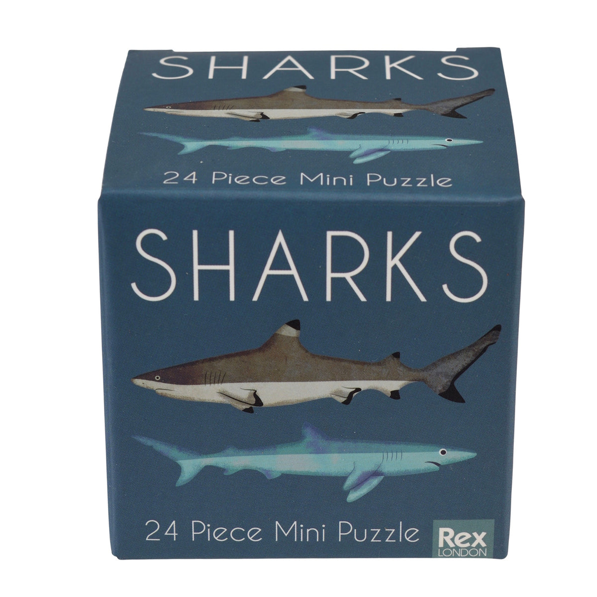 Rex London 24-piece mini shark puzzle box featuring vintage-style illustrations of a reef shark and a blue shark.