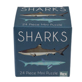 Rex London 24-piece mini shark puzzle box featuring vintage-style illustrations of a reef shark and a blue shark.