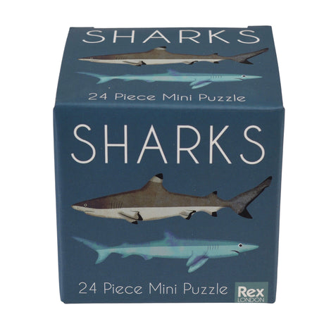 Rex London 24-piece mini shark puzzle box featuring vintage-style illustrations of a reef shark and a blue shark.