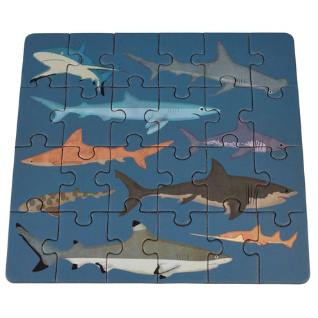 Educational 24-piece shark mini jigsaw puzzle for kids featuring colorful illustrations of different shark species.