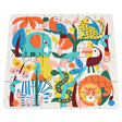 Colorful Wild Wonders 24-piece mini jigsaw puzzle featuring a lion, zebra, elephant, and tropical birds for kids.