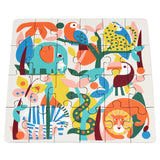 Colorful Wild Wonders 24-piece mini jigsaw puzzle featuring a lion, zebra, elephant, and tropical birds for kids.