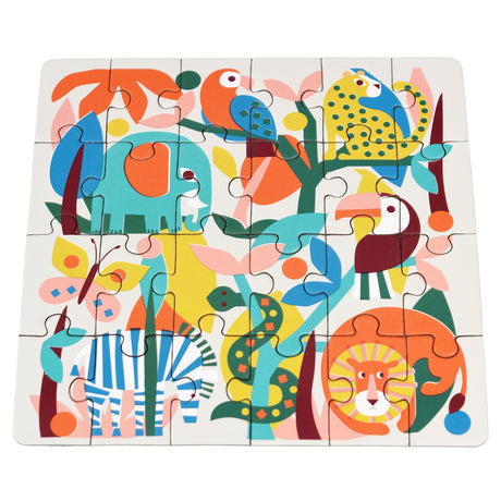 Colorful Wild Wonders 24-piece mini jigsaw puzzle featuring a lion, zebra, elephant, and tropical birds for kids.