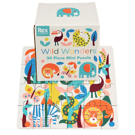 Rex London Wild Wonders 24-piece mini jigsaw puzzle with animal illustrations and storage box for kids.
