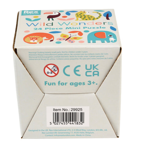 Rex London Wild Wonders 24 Piece Mini Puzzle box bottom showing barcode, CE mark, and item number 29925.