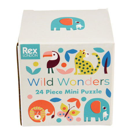 Wild Wonders 24 Piece Mini Puzzle box by Rex London featuring colorful illustrations of a lion, elephant, and cheetah.