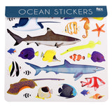 A vibrant sheet of ocean-themed stickers features various marine life, including fish, sharks, a starfish, and a seahorse, under a "Ocean Stickers" label.
