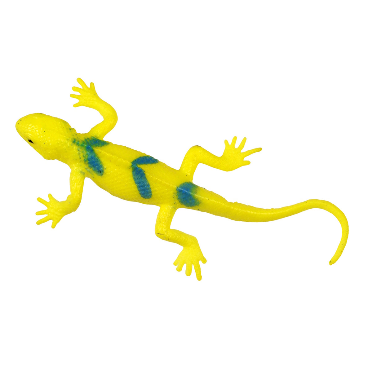 A yellow rubber lizard toy with blue spots lies flat. Its long tail curls slightly, and it has an expressive design, evoking a playful tone.