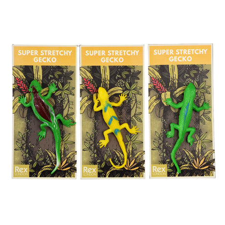 Three colorful stretchy gecko toys on illustrated cards. Left is green with red accents, center is yellow with blue, right is green. Bright, playful design.