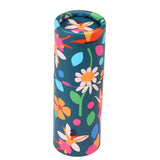 Colorful kaleidoscope with vibrant floral and fairy designs on a dark blue background. Bright daisies and whimsical fairies create a playful, magical tone.