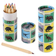 A colorful set of colored pencils in a dinosaur-themed cylindrical case. The case is decorated with various dinosaur illustrations and names. A single wooden pencil lies next to the case. Vibrant and playful.