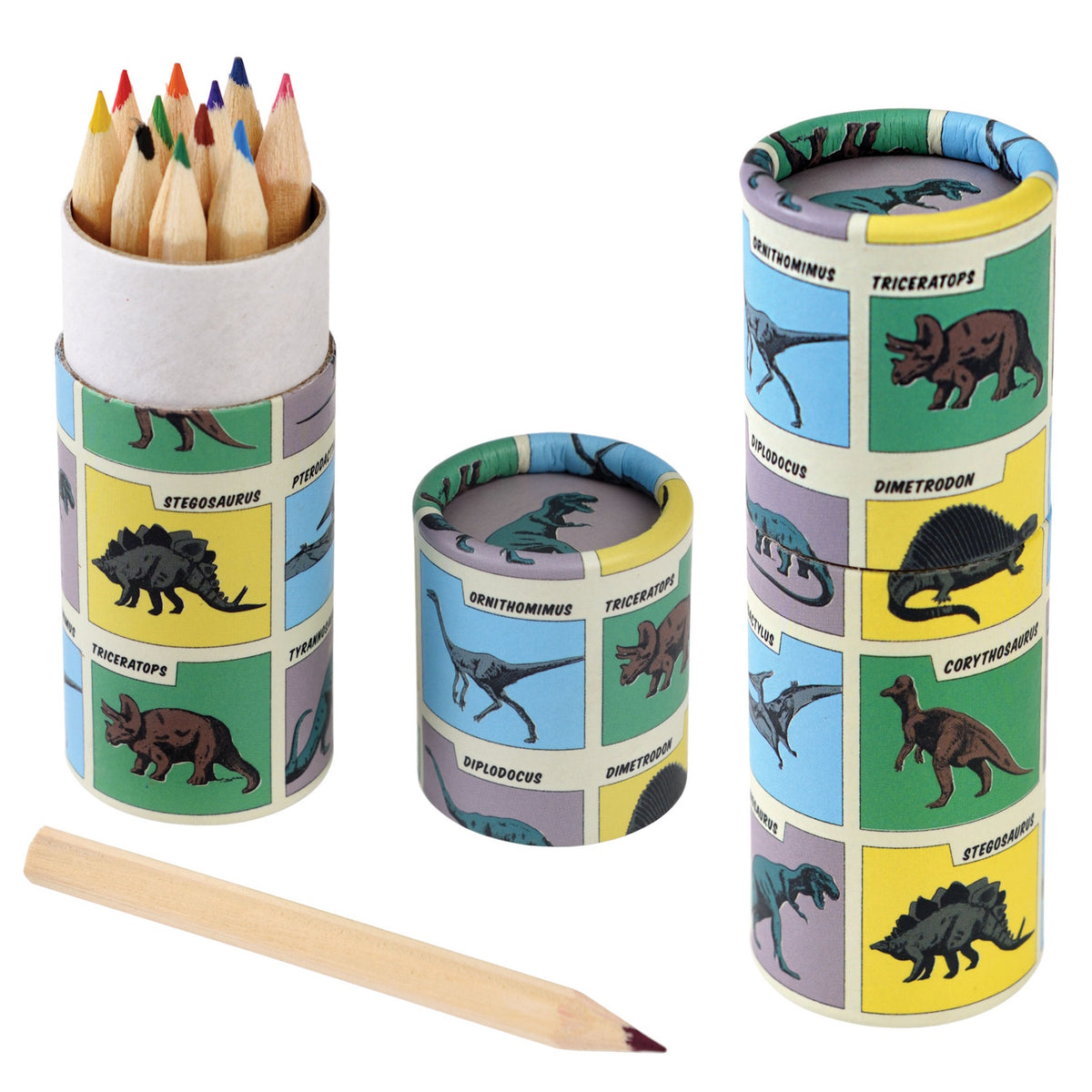 A colorful set of colored pencils in a dinosaur-themed cylindrical case. The case is decorated with various dinosaur illustrations and names. A single wooden pencil lies next to the case. Vibrant and playful.