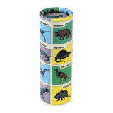 Tall cylindrical puzzle features colorful squares with dinosaur illustrations and names like Triceratops and Stegosaurus, evoking a playful tone.