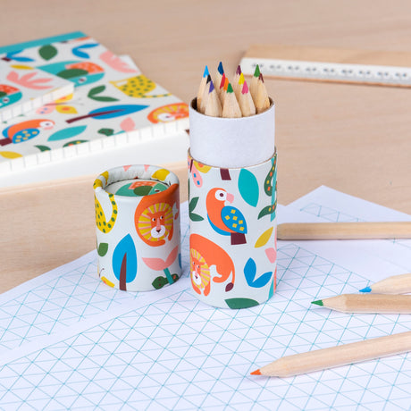 A set of colorful pencils in a tube with vibrant animal graphics sits on a wooden desk with grid paper and a ruler, evoking a playful, creative mood.