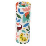 Colorful cylindrical packaging featuring playful illustrations of animals, including an elephant, toucan, and cheetah, surrounded by leaves.