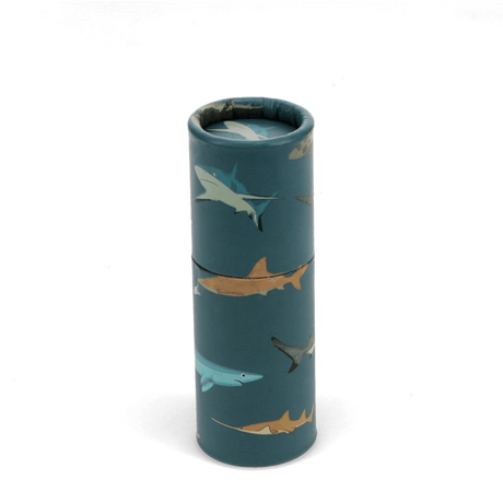 Closed shark-patterned cardboard pencil tube against a plain black background.