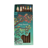 A box of twig pencils with six visible colors: green, red, orange, yellow, blue, and brown. The box features colorful branch and leaf designs.