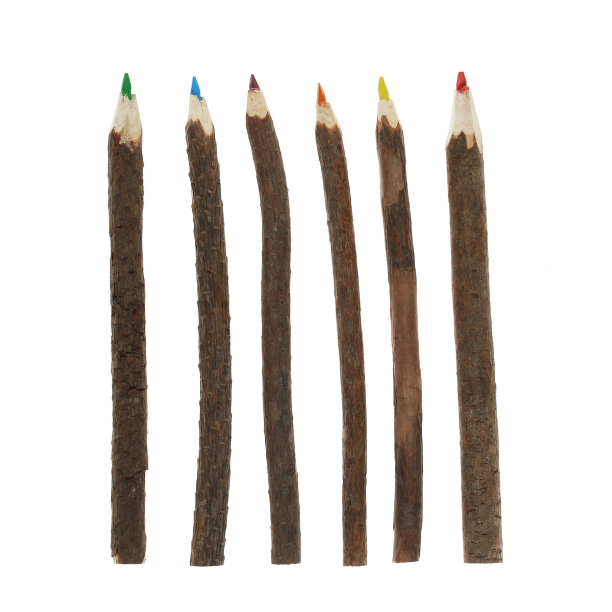 Six rustic colored pencils made from branches arranged vertically. Each pencil has a different tip color: green, blue, purple, orange, yellow, and red. Natural and earthy tones.