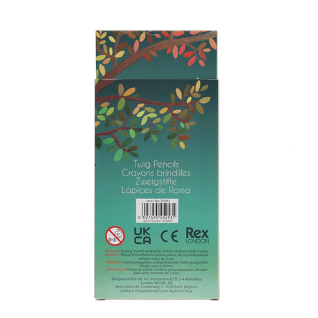 Box of Twig Pencils with a colorful branch design and multilingual text. Includes a barcode, safety warnings, and manufacturer info at the bottom.