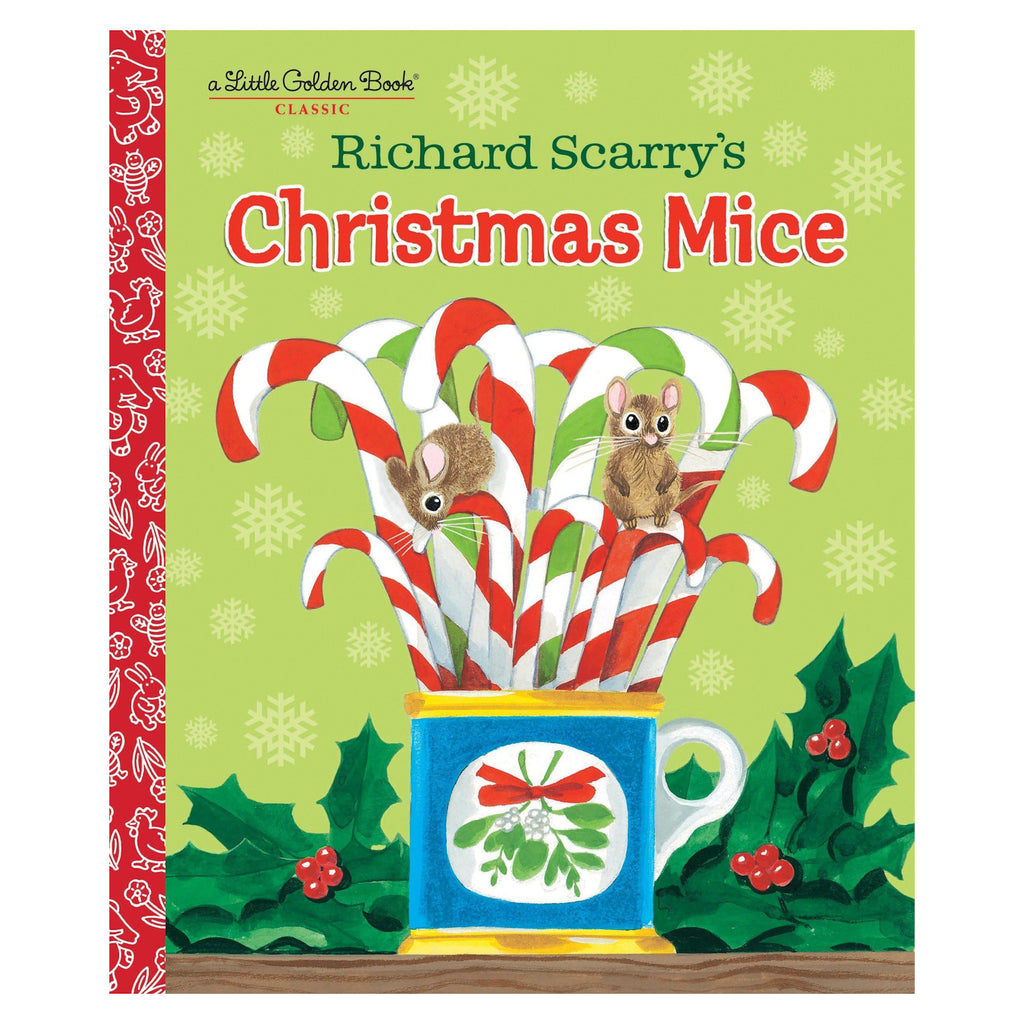 Cover of "Christmas Mice" by Richard Scarry. Two mice sit on candy canes in a mug, surrounded by holly. The background is light green with snowflakes.