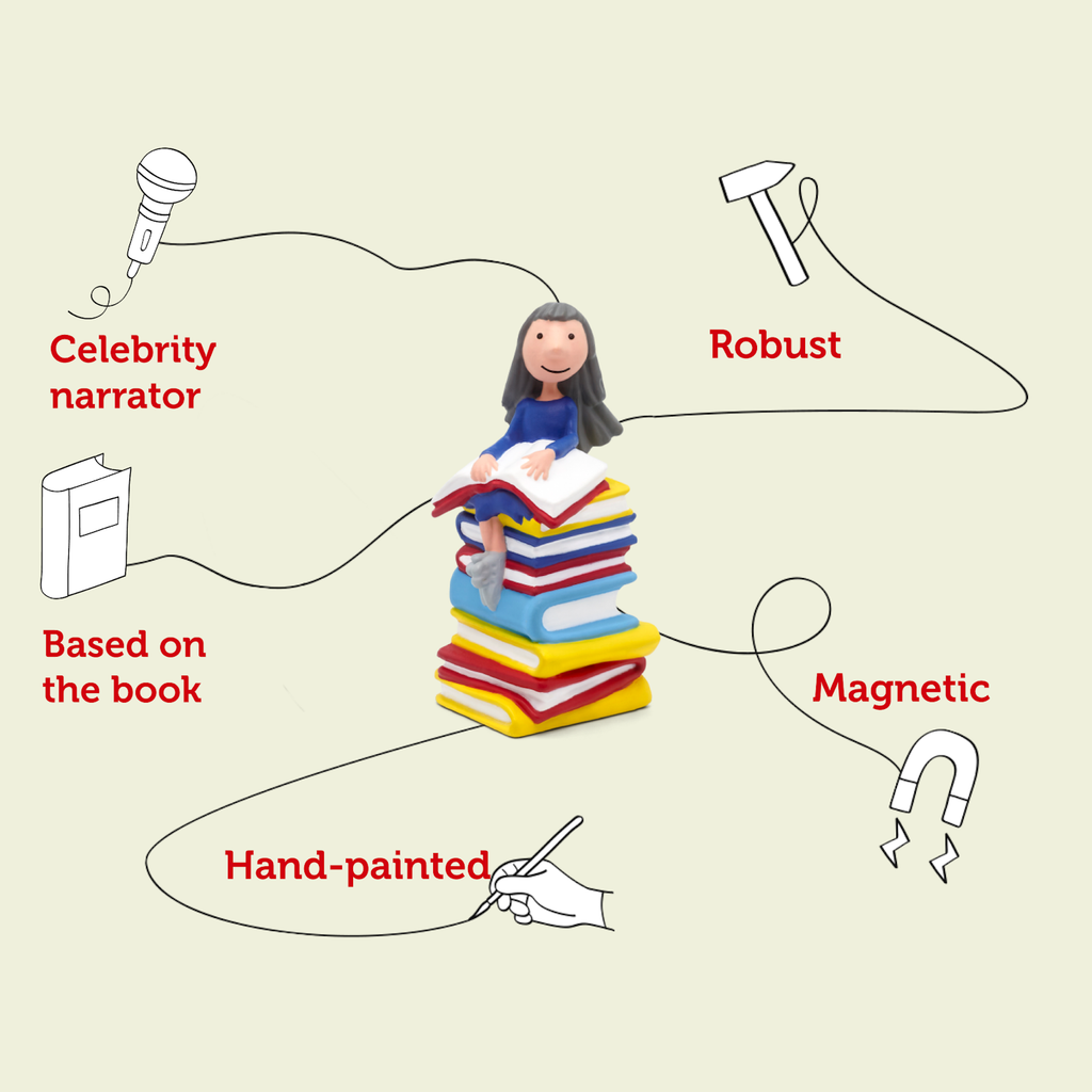 A whimsical figurine sits atop a colorful stack of books, evoking a playful reading theme.