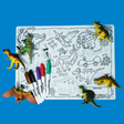 A dinosaur-themed coloring mat with plastic toy dinosaurs, markers, and line drawings of various dinosaurs.