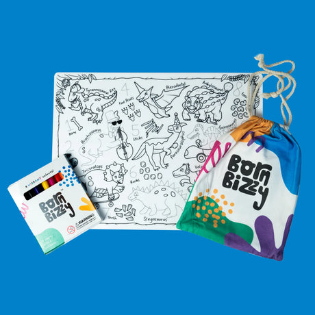 Born Bizzy dinosaur coloring mat set with a 9-pack of markers and a colorful drawstring storage bag.