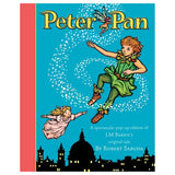 Cover of "Peter Pan" pop-up book by Robert Sabuda. Features Peter in a green outfit flying with a girl over a silhouetted cityscape and a swirling fairy.