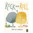 Friendly illustrated rocks with smiling faces and stick-like limbs on a white background. One is gray, the other yellow, with plants and a bowl nearby. The text reads "Rock and Roll."