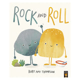 Friendly illustrated rocks with smiling faces and stick-like limbs on a white background. One is gray, the other yellow, with plants and a bowl nearby. The text reads "Rock and Roll."