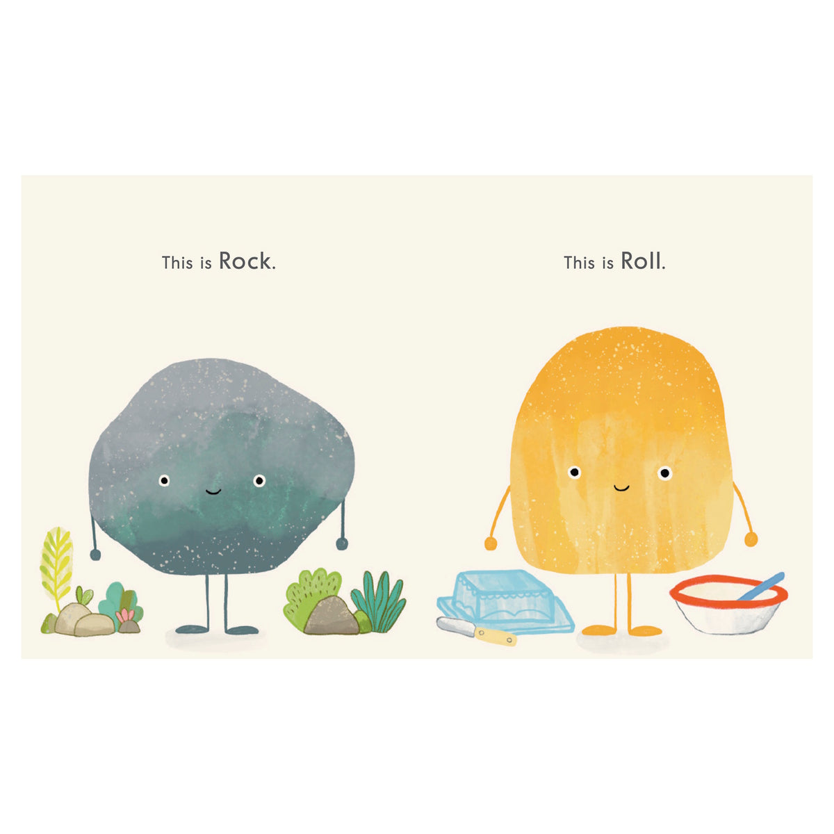 Illustrated characters "Rock," a gray stone with plants, and "Roll," an orange bread roll with mixing tools, both smiling on a light background.