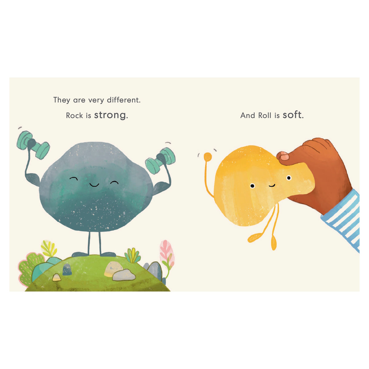 Cartoon image shows a smiling rock lifting weights, labeled "Rock is strong," and a smiling, soft yellow shape being squished, labeled "Roll is soft."