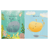 Illustration of a gray rock with a face swimming underwater with fish and coral on the left. On the right, a smiling orange roll flies above a spoon against a blue sky. Text reads "Rock can swim. Roll can fly." The tone is whimsical and playful.