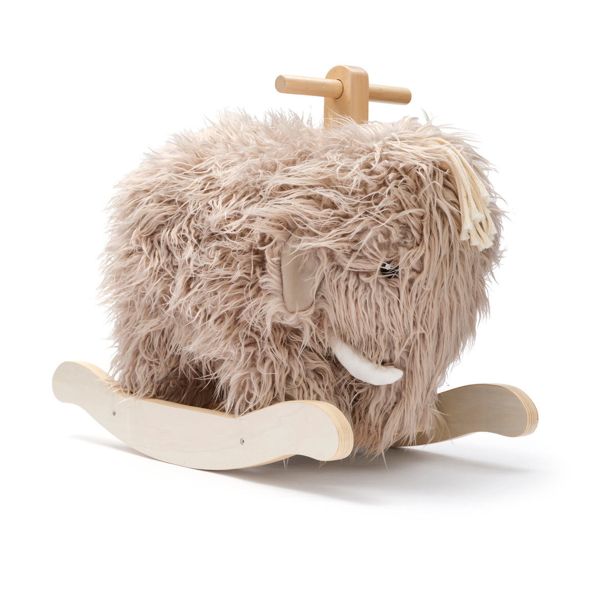 Plush woolly mammoth rocking horse toy with wooden base.