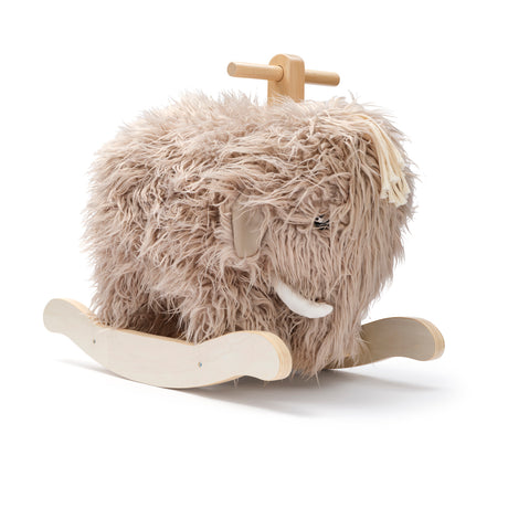 Plush woolly mammoth rocking horse toy with wooden base.