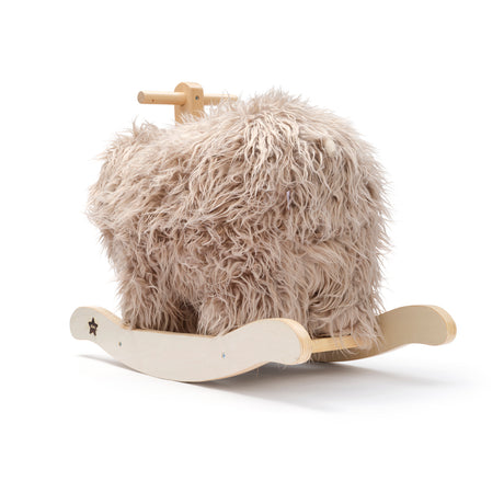 Plush mammoth rocking horse toy with fluffy beige faux fur and a wooden base.
