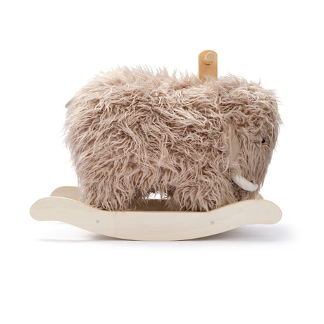 Plush woolly mammoth rocking horse toy with wooden base.