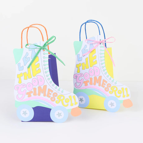 Retro roller skate gift bags with "Let the Good Times Roll" text, ideal for 70s disco or roller skating party favors.