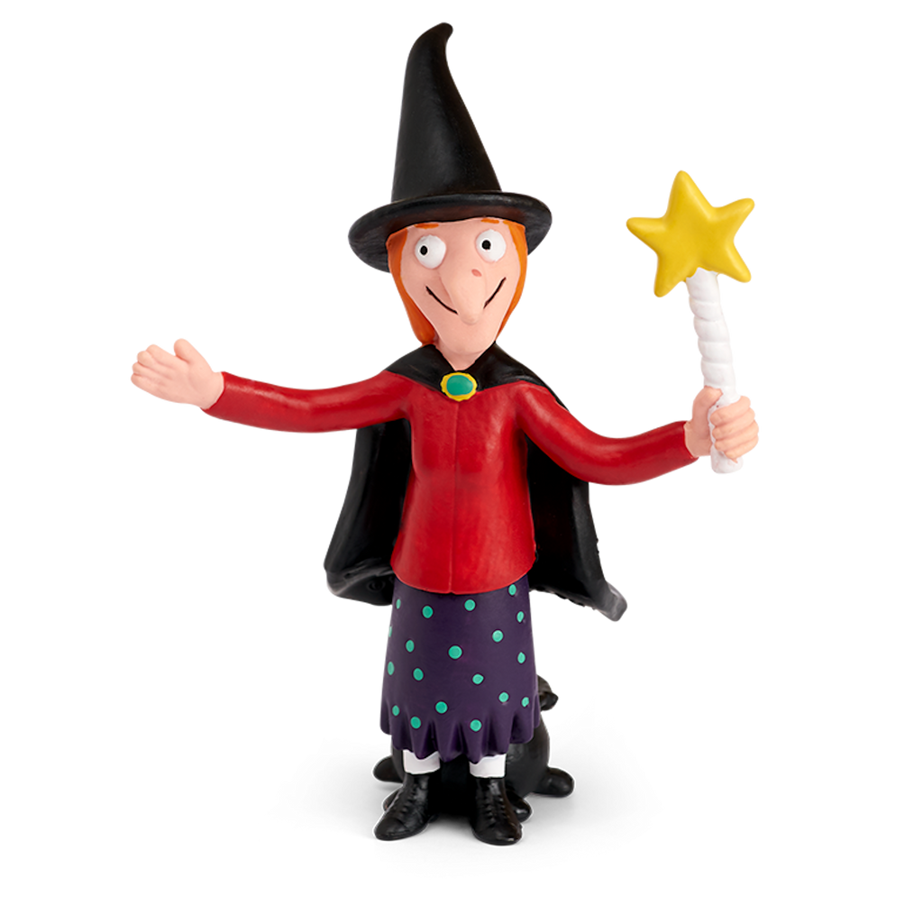 A cartoonish witch with a red top, polka-dotted skirt, and a black cape holds a star-tipped wand, smiling and gesturing.