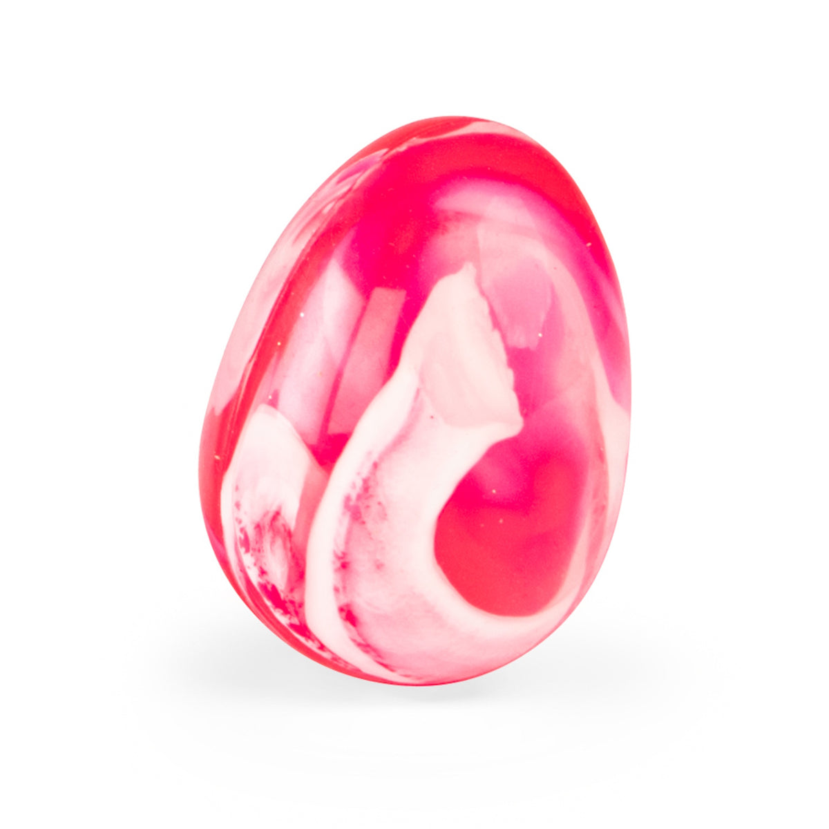 Pink and white marbled egg shaped stone bouncy ball or crystal on a clean white background.