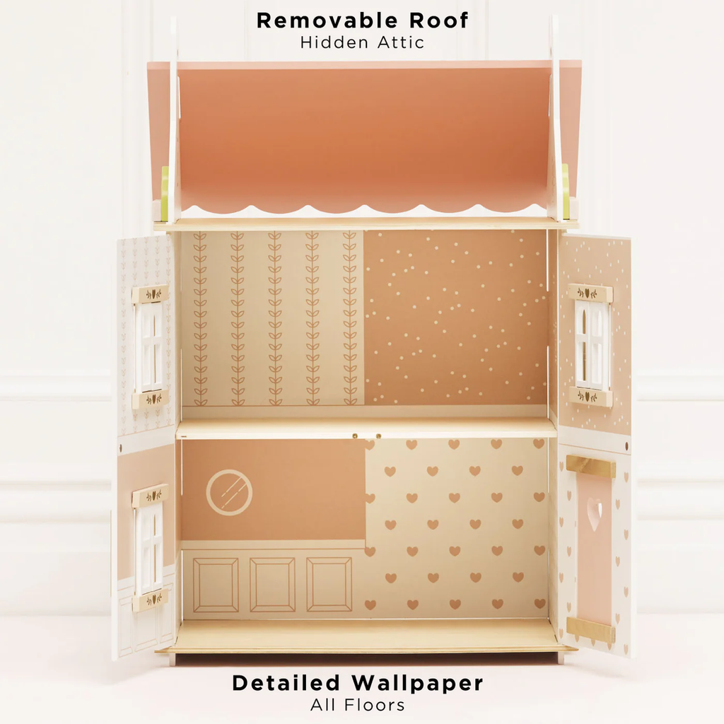 Dollhouse with a removable roof and hidden attic. Features detailed wallpaper with heart and leaf patterns, and small window cutouts on beige walls.