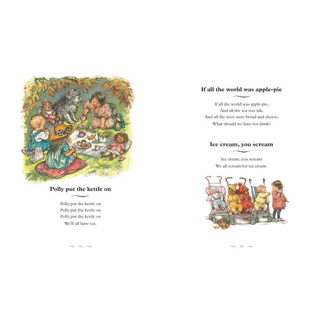 Nursery rhyme book pages with illustrations for "Polly put the kettle on" and "Ice cream, you scream."