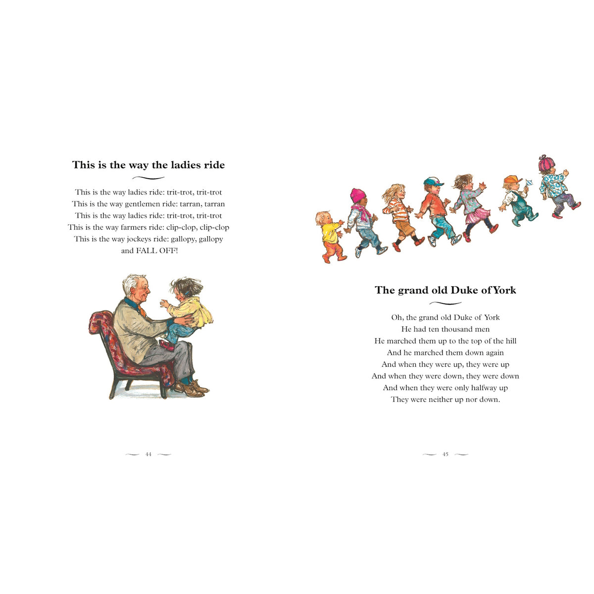 Illustrated children's book pages featuring "This is the way the ladies ride" and "The grand old Duke of York" nursery rhymes.